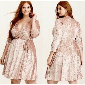 Blush pink crushed velvet wrap dress